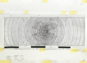 Hand-drawn diagram with concentric waves and day-night rhythm indicators on translucent paper
