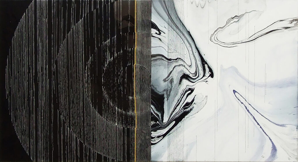 A vertical canvas with dark wave lines in silver on the left and bright marbled forms on the right, divided by a central yellow line.