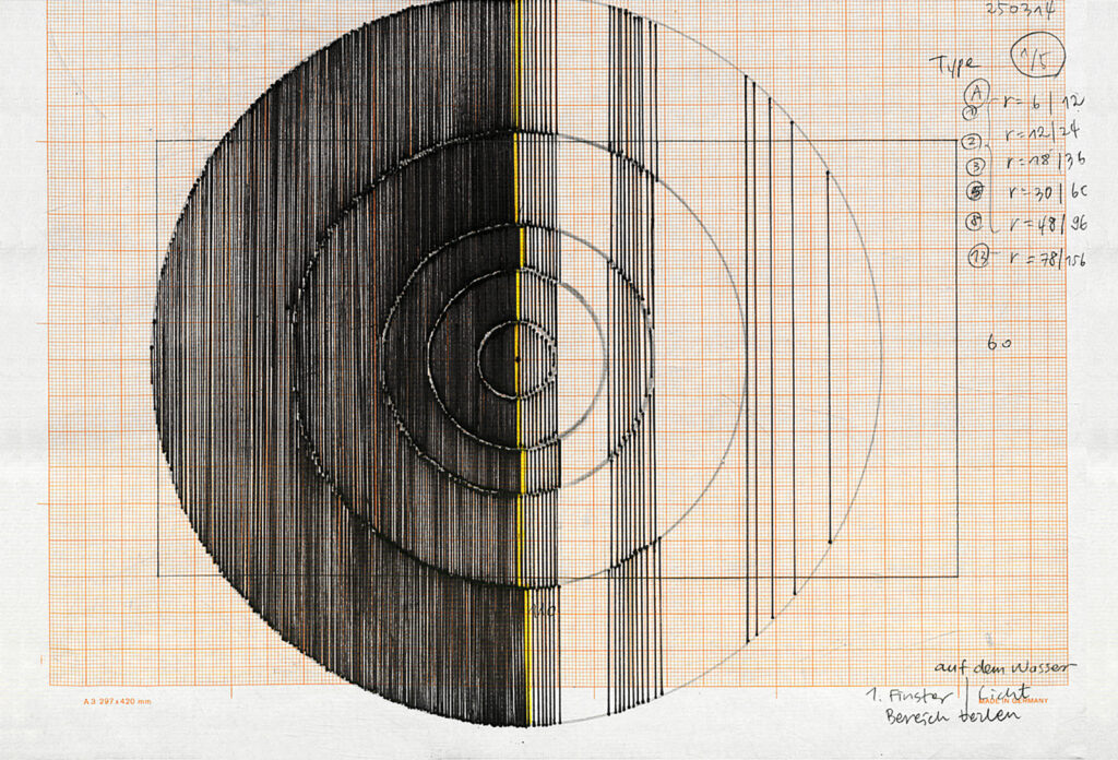 A circular form composed of black vertical lines, gradually fading to white across a yellow central axis, drawn on orange graph paper.