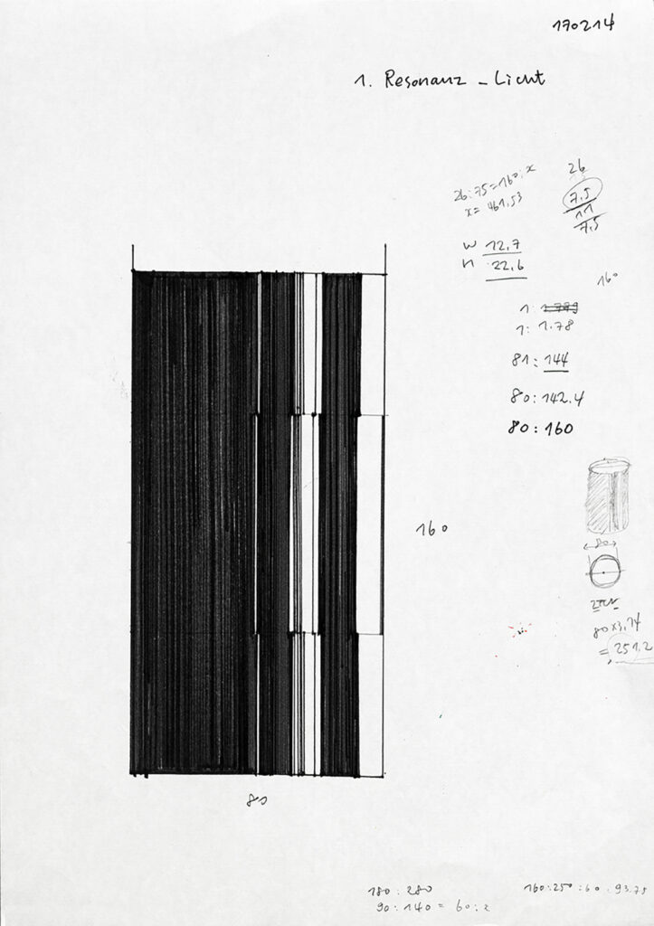 A black rectangular form made of dense vertical lines, punctuated by narrow gaps that allow white to emerge, drawn on white paper with hand-written calculations.