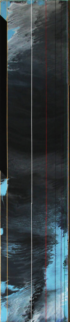 Abstract vertical painting featuring dark swirling patterns with intersecting white, red, and yellow lines.