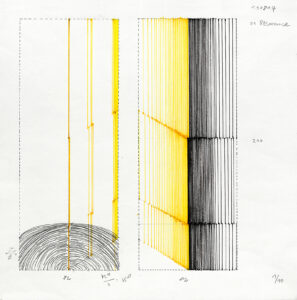 A vertical drawing where yellow diagonal light meets black and white contrast, evoking the emergence of light.