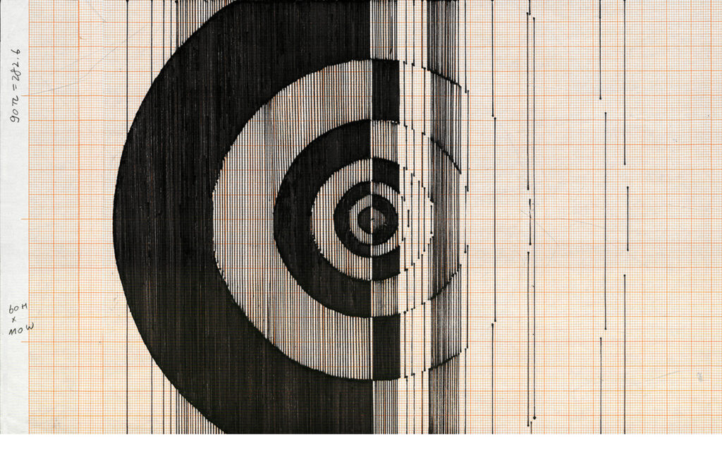 A drawing of concentric black arcs on grid paper, gradually shifting from dark to light, symbolizing a transition between night and day.