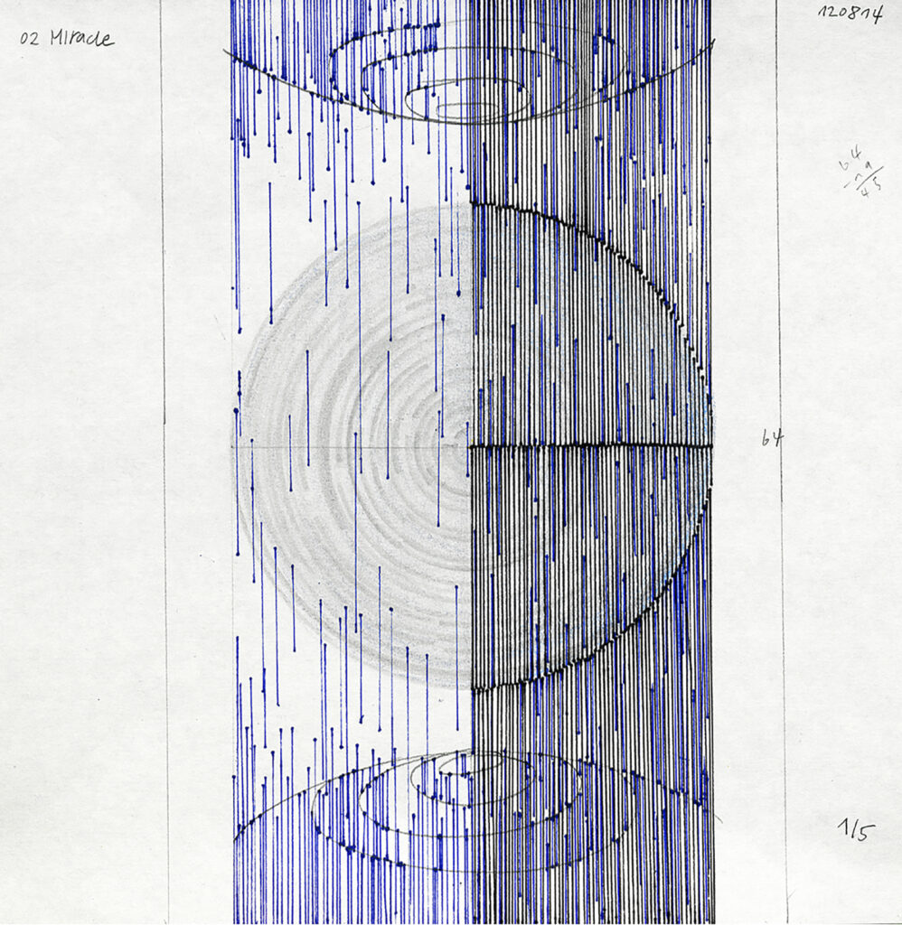 Blue and graphite drawing with a central axis dividing circular forms, symbolizing day and night