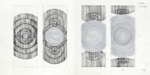Horizontal pencil and pen drawing with rhythmic circular forms representing water and firmament