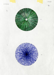 Circular drawing of blue and green lines representing water collection and plant growth