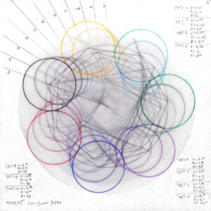 Geometric drawing with layered heptagons in multiple colors on transparent paper