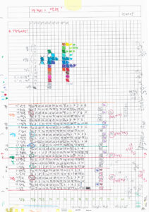 Hand-drawn grid with colored codes and handwritten numbers, mapping the 24 solar terms as temporal sound patterns