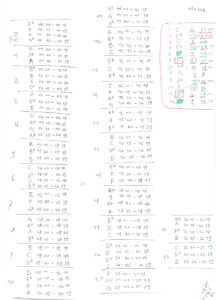 Handwritten table assigning musical tones to time intervals in 24-hour format