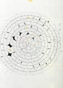 A geometric drawing with overlapping circular patterns and radiating geometric voids, visualizing the layered structure of time.
