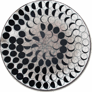 A circular artwork depicting lunar phases in concentric rings, created with layered transparent acrylic paint and permanent pen; the original version of the 04SOLution_chronological time series. (Private collection)
